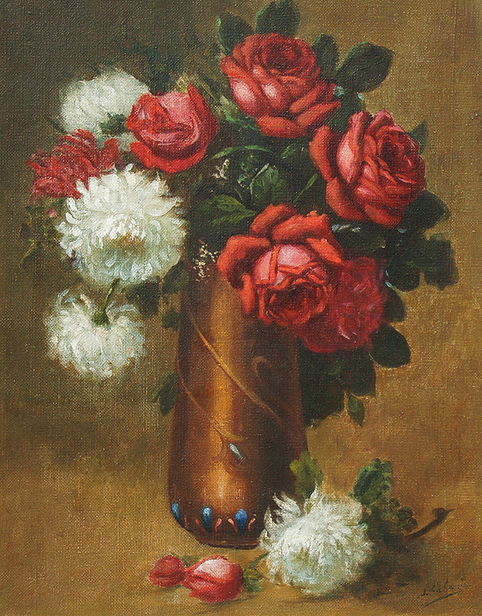 Vase with Dahlias and Roses<br>
<i>(Bcaro con Dalias y Rosas)</i> by Juan Gil Garca