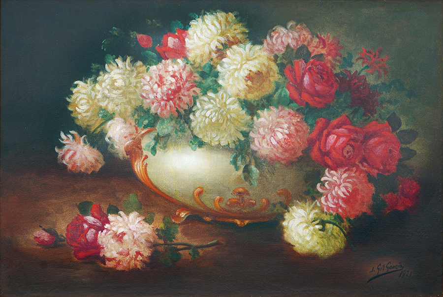 Flower Vase with Roses and Dahlias<br>
<i>(Bcaro con Rosas y  Dalias)</i> by Juan Gil Garca