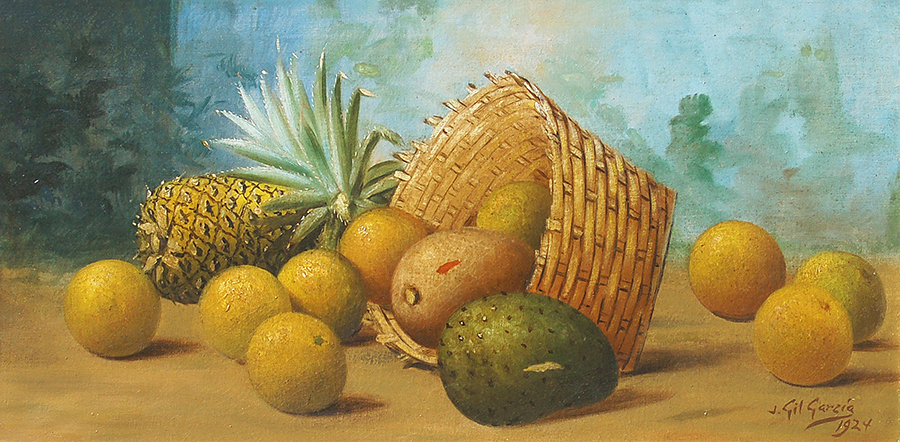 Basket of Fruits with Pinched Sapotes<br>
<i>(Canasta de Frutas con Mameyes Pellizcados)</i> by Juan Gil Garca
