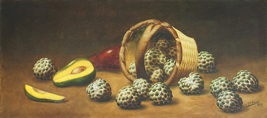 Basket with Sugar Apples and Avocadoes<br>
<i>(Cesta con Anones y Aguacates)</i> by Juan Gil Garca