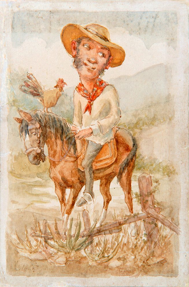 Cuban Guajiro and His Rooster Horseback Riding <br>
<i>(Guajiro y Su Gallo montan a Caballo)</i> by Vctor Patricio Landaluze