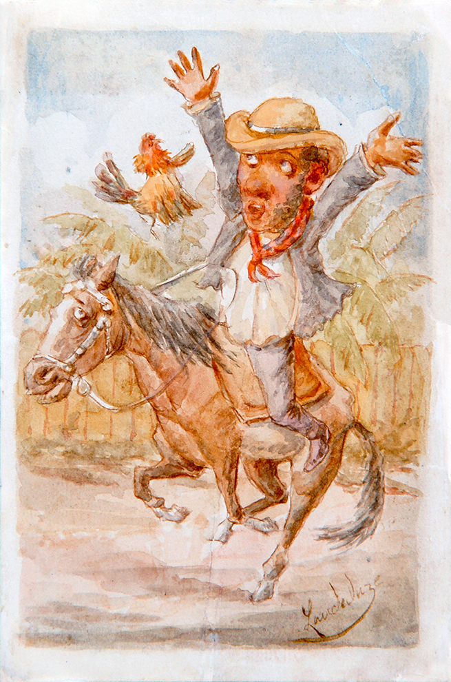Cuban Guajiro on Horse Scares Off a Rooster <br>
<i>(Guajiro a Caballo Espanta Gallo)</i> by Vctor Patricio Landaluze