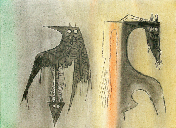 WIFREDO LAM<br>
At the End of the Question<br>
(<i>Al Final de la Pregunta</i>), ca. 1971<br>
oil on canvas<br>
19 3/4 x 27 1/2 inches<br><br>

<i>Provenance:</i><br> 
Private Collection, Milan, Italy.<br>

Exhibited in <i>Wifredo Lam</i>, Galleria Gissi, Turin, Italy, April 1978.<br>
Illustrated in <i>Wifredo Lam: Catalogue Raisonn of the Painted Work, Volume II,<br>
1961-1982,</i> Project Director: Eskil Lam, Acatos 2002, page 348, no. 71.04.<br><br>
Illustrated in <i>IMPORTANT CUBAN ARTWORKS,<br>
Volume Fourteen</i>, page 32. 

