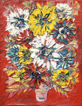 REN PORTOCARRERO<br> Flowers<br> <i>(Flores)</i><br> 1969<br> oil on canvas<br> 16 3/4 x 12 7/8 inches<br><br>
This painting is also accompanied by a photo-certificate of authenticity signed by<br>
Jos Veigas Zamora and Ramn Vzquez Daz, dated March 8, 2011.