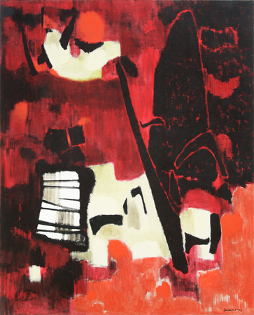 HUGO CONSUEGRA<br> Montagues and Capulets<br> (<i>Montescos y Capuletos</i>)<br> 1956<br> oil on canvas<br> 49 3/4 x 39 3/4 inches<br><br>
Exhibited in <i>Hugo Consuegra of Cuba,</i> Pan American Union,<br> Washington, D.C., May 21 to June 19, 1956,<br>
and listed in the exhibition brochure.<br><br>
Illustrated in <i>IMPORTANT CUBAN ARTWORKS,<br>
Volume Fourteen</i>, page 75.
