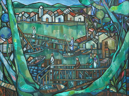 JOS M. MIJARES (1921 2004)
<br>Cuban Port
<br><i>(Puerto Cubano)</i>, 1969
<br>oil on canvas
<br>32 x 40 inches<br><br>

Illustrated in IMPORTANT CUBAN ARTWORKS,
<br>Volume Fourteen, page 54. <br><br>

This painting was exhibited in 
<i>Celebrando a Mijares, 50 Aos de Creacin</i>,<br> Cuban Museum of Arts and Culture, Miami, Florida, 1994, and is illustrated<br> in the corresponding exhibition catalog, forty-first page (unnumbered pages).
