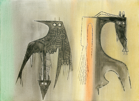 WIFREDO LAM<br>
At the End of the Question<br>
(<i>Al Final de la Pregunta</i>), ca. 1971<br>
oil on canvas<br>
19 3/4 x 27 1/2 inches<br><br>

<i>Provenance:</i><br> 
Private Collection, Milan, Italy.<br>

Exhibited in <i>Wifredo Lam</i>, Galleria Gissi, Turin, Italy, April 1978.<br>
Illustrated in <i>Wifredo Lam: Catalogue Raisonn of the Painted Work, Volume II,<br>
1961-1982,</i> Project Director: Eskil Lam, Acatos 2002, page 348, no. 71.04.<br><br>
Illustrated in <i>IMPORTANT CUBAN ARTWORKS,<br>
Volume Fourteen</i>, page 32. 

