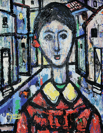 JOS M. MIJARES<br>
Young Lady in the City<br>
(<i>Muchacha en la Ciudad</i>), ca. 1950<br>
oil on board<br>
10 x 8 inches<br><br>
Illustrated in <i>IMPORTANT CUBAN ARTWORKS,<br>
Volume Nine</i>, page 51.