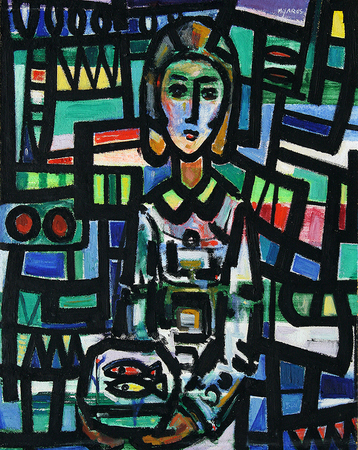 JOS M. MIJARES<br>
Young Lady with Fish Bowl<br>
(<i>Muchacha con Pecera</i>), 1950<br>
oil on canvas board<br>
23 x 19 inches