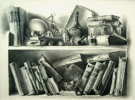 JOEL BESMAR<br>
Nostalgia<br>
(<i>Nostalgia</i>), 2010<br>
graphite on heavy paper laid down on board<br>
30 x 40 inches<br><br>

Exhibited in <i>Joel Besmar, The Endless Library</i>, 2013-2014,
<i>Cernuda</i> Arte, Coral Gables, Florida,<br> and illustrated in the
accompanying exhibition catalog, page 11.<br><br>
Illustrated in <i>IMPORTANT CUBAN ARTWORKS,<br> Volume Nine</i>, page 97.
