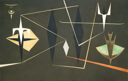 WIFREDO LAM<br>
Untitled [Arcane Dreams]<br>
<i>(Sin Ttulo [Sueos Arcanos])</i><br>
ca. 1955<br>
oil on canvas<br>
58 7/8 x 94 1/4 inches<br><br>

Signed and dated on the mid left.<br><br>
<i>Provenance:</i><br>
Dr. Ren Daz de Villegas y DEstrampes and Lydia Casas de Daz de Villegas, <br>Havana, Cuba,
who acquired it from the artist;<br> Private Collection, Zaragoza, Spain;<br> By descent to the present owner.<br><br>
<i>Exhibitions:</i><br>
Exhibited in <i>Wifredo Lam</i>, University of Havana, Pabelln de Ciencias Sociales,<br> Havana, Cuba, March 22 - April 22, 1955.<br><br>
<i>Illustrations:</i><br>
Illustrated in the magazine, <i>Espacio</i>, Ao IV - No. 17, January-April 1955,<br> University of Havana, n.n.<br>
Illustrated in <i>Wifredo Lam: Catalogue Raisonn of the Painted Work,<br> Volume I, 1923-1960,</i>
Project Director: Eskil Lam,<br> Acatos 1996, page 462, no. 55.36.<br>
Illustrated in <i>Wifredo Lam</i>, ditions Centre Pompidou,<br> Paris, France, 2015, page 213, no. 40.<br><br>
Illustrated in <i>IMPORTANT CUBAN ARTWORKS,<br> Volume Fourteen</i>, page 34 and 35.<br><br>
This painting is accompanied by a photo-certificate of authenticity signed by<br>
Monsieur Eskil Lam, dated Paris, August 31, 2015, no. 15.09.