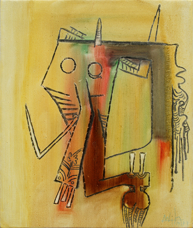 WIFREDO LAM <br>
Composition <br>
(<i>Composicin</i>), 1973<br>
oil on canvas<br>
21 5/8 x 18 1/8 inches<br><br>

Signed and dated lower right, also signed and dated on the reverse.<br>

<i>Provenance:</i><br>
Private Collection, Italy.<br><br>

Illustrated in <i>Wifredo Lam: Catalogue Raisonn of the Painted Work, Volume II,<br>
1961-1982</i>, Acatos 2002, Project Director: Eskil Lam, page 431, no. 73.220.<br>
Illustrated in the book <i>Wifredo Lam</i>, by Max-Pol Fouchet,<br>
Ediciones Polgrafa, S.A., Barcelona, First Edition 1976, page 247, no. 623.<br>
Illustrated in <i>Wifredo Lam</i>, by Max-Pol Fouchet, Ediciones Polgrafa, S.A.,<br>
Barcelona, Second Edition 1989, page 267, no. 655.<br><br>
Illustrated in <i>IMPORTANT CUBAN ARTWORKS,<br>
Volume Fourteen</i>, page 32. <br><br>
This painting is accompanied by a photo-certificate of authenticity signed by<br>
Madame Lou Laurin Lam, dated April 22, 2002, no. 2-22.
