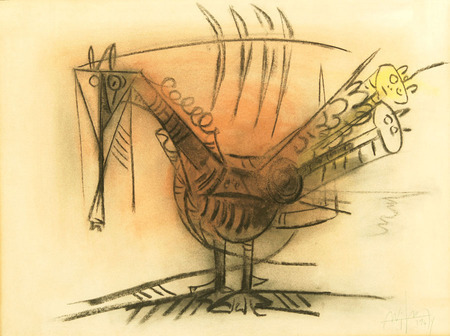WIFREDO LAM<br> Untitled [Bird]<br> <i>(Sin Ttulo [Pjaro])</i><br> 1964<br>
pastel on heavy paper laid down on canvas<br> 19 x 25 inches<br><br>
This artwork is accompanied by a photo-certificate of authenticity signed by<br> Madame Lou Laurin Lam,
dated September 22, 2011.
