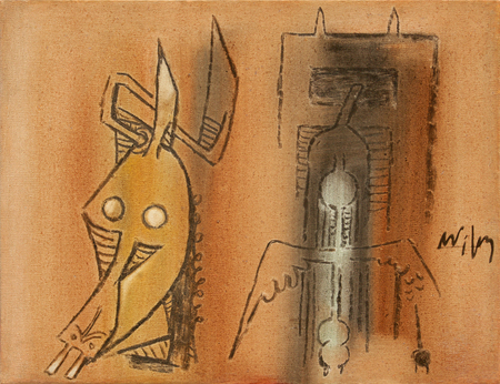 WIFREDO LAM<br>
Head<br>
(<i>Cabeza</i>), ca. 1972<br>
oil on canvas<br>
13 3/4 x 17 5/8 inches<br><br>

<i>Provenance:</i> <br>
Galerie Lelong, Paris.<br>
Yaco Garca Arte Latinoamericano, Panama.<br>

Exhibited in <i>Wifredo Lam in North America</i>, Haggerty Museum of Art,<br>
Marquette University, Milwaukee, Wisconsin, October 2007-January 2008. <br>
An exhibition that also traveled to the Miami Art Museum, Florida, February-May 2008,<br>
exhibited at Museum of Latin American Art, Long Beach, California, June-August 2008,<br>
and exhibited at Salvador Dal Museum, St. Petersburg, Florida, October 2008-January 2009.<br>

Illustrated in <i>Wifredo Lam: Catalogue Raisonn of the Painted Work, Volume II,<br> 
1961-1982</i>, Project Director: Eskil Lam, Acatos 2002, page 377, no. 72.105.<br>
Illustrated in the book <i>Wifredo Lam</i>, by Max-Pol Fouchet, Ediciones Polgrafa, S.A.,<br> 
Barcelona, Spain, First Edition 1976, page 182, no. 232.<br>
Illustrated in the book <i>Wifredo Lam</i>, by Max-Pol Fouchet, Ediciones Polgrafa, S.A.,<br> 
Barcelona, Spain, Second Edition 1989, page 186, no. 232.<br>
Illustrated in <i>Wifredo Lam in North America</i>, with essays by Curtis L. Carter, Lowery Stokes Sims,<br> Dawn Ades, Valerie J. Fletcher, Edward Lucie-Smith and Lou Laurin Lam,<br> 
published by the Haggerty Museum of Art on page 135, ill. 61.<br><br>
Illustrated in <i>IMPORTANT CUBAN ARTWORKS,<br> Volume Fourteen</i>, page 37.

