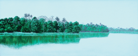 TOMS SNCHEZ<br> Lake Shore<br> (<i>Orilla</i>)<br> 1986<br> acrylic on canvas<br> 31 1/2 x 77 inches<br><br>
This painting was exhibited at Christies, New York, May 26, 2005,<br> and is illustrated in the auction catalog, lot no. 45.<br><br>
This painting is accompanied by a photo-certificate of authenticity signed by the artist,<br> Toms Snchez, dated January 11, 2004.<br><br>Illustrated in <i>IMPORTANT CUBAN ARTWORKS,<br>
Volume Eleven</i>, page 110.