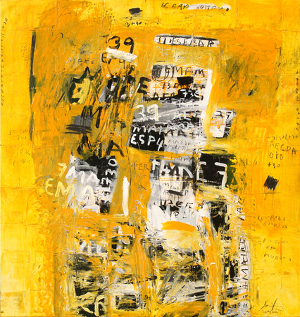 JORGE LUIS SANTOS<br>
Yellow Wall (Series from A-Z)<br>
(<i>Muro Amarillo [Serie de la A-Z]</i>)<br> 2016<br>
mixed media on canvas<br>
76  x 71  inches<br>
