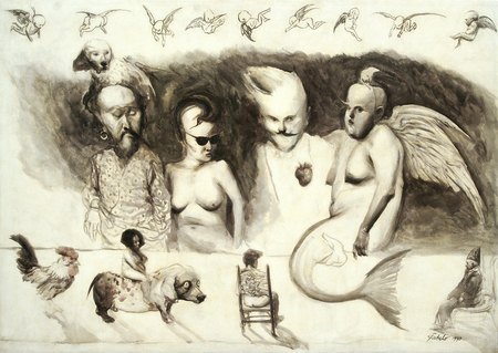 ROBERTO FABELO<br>
Friends Reunited <br>
<i>(Reunin de Amigos)</i>, 1990<br>
oil on canvas<br>
38  x 54  inches<br>
<br>
Illustrated in the upcoming <I>IMPORTANT CUBAN ARTWORKS</I>, Volume Fifteen.