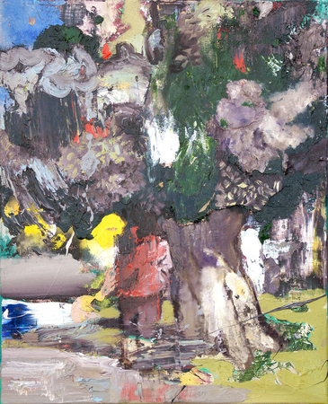 DAYRON GONZLEZ<br>
Man in Red Next to the River<br>
<i>(Hombre en Rojo Junto al Ro)</i>, 2017<br>
oil on canvas<br>
20 x 16 inches<br>
<br>
Illustrated in the upcoming <i>IMPORTANT CUBAN ARTWORKS</i>, Volume Fifteen.