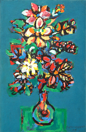REN PORTOCARRERO<br>
Flower Vase in Blue Background<br>
<i>(Florero en Fondo Azul)</i>, 1959<br>
mixed media on heavy paper laid down 
on board<br>
19  x 12 inches<br><br>
Illustrated in <i>IMPORTANT CUBAN ARTWORKS</i>, 
<br>Volume Fourteen, page 84.<br><br>

<i>Provenance: </i><br>
The Tanyu-Levent Collection, 
Instanbul, Turkey
