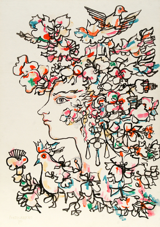 REN PORTOCARRERO<br>
Woman with Doves<br>
<i>(Mujer con Palomas)</i>, 1970<br>
mixed media on heavy paper laid down on board<br>
28  x 20 inches<br><br>

Illustrated in <i>IMPORTANT CUBAN ARTWORKS</i>,
<br>Volume Thirteen, page 71.
