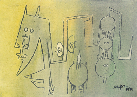 WIFREDO  LAM<br>
Untitled [The Family]<br>
<i>(Sin Ttulo [La Familia])</i>, 1975<br>
oil on canvas<br>
19  x 27  inches<br><br>

Illustrated in <i>IMPORTANT CUBAN ARTWORKS</i>,
<br>Volume Eleven, page 60.<br><br>

<i>Provenance:</i><br> 
Galerie Maeght Lelong, Paris, France.<br><br>

<i>Exhibitions:</i><br>
<i>Wifredo Lam</i>, Galerie Maeght Lelong, Zurich, 1987.<br><br>

<i>Illustrations:</i><br>
<i>Wifredo Lam: Catalogue Raisonn of the Painted Work, Volume II, 1961-1980</i>, 
<br>Acatos 2002, page 463, no. 75.02.<br><br>

<i>Wifredo Lam</i>, by Max-Pol Fouchet, 
First Edition, 1976, pg. 184, no. 238 
<br>and illustrated in <i>Wifredo Lam</i>, by Max-Pol Fouchet, Second Edition, 1989, pg. 188, 
no. 238.
