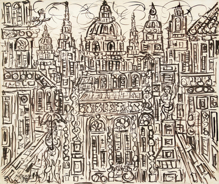 REN PORTOCARRERO<br>
City of Havana <br>
<i>(Ciudad de La Habana)</i>, 1963<br>
mixed media on heavy paper<br>
laid down on board<br>
25  x 30  inches<br><br>

Illustrated in the upcoming <i>IMPORTANT CUBAN ARTWORKS</i>, Volume Fifteen.
