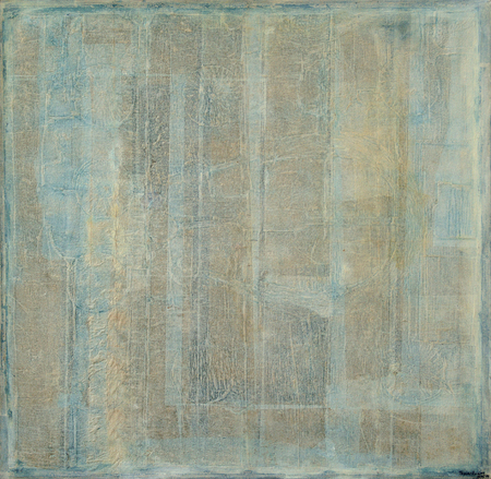 JUAN TAPIA RUANO<br>
Remains of a Dream<br>
(<I>Remanente de Un Sueo</I>), 1975<br>
mixed media on paper laid down on canvas<br>
34 1/4 x 35 inches