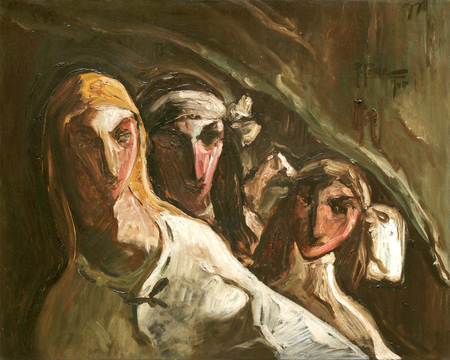 Fidelio Ponce de Len<br> Painting, Three Women<br> (<i>Pintura, Tres Mujeres</i>), 1935<br> oil on canvas<br> 24 x 29  inches<br><br>
<i>Provenance</i>:<br> Private Collection, Santo Domingo, Dominican Republic.<br><br>
This painting will be included and illustrated in the forthcoming book,<br> <i>Fidelio Ponce de Len, A Cuban Original</i>,
by Professor Juan A. Martnez.<br><br>
This painting is also signed, titled, and dated by the artist on the back.<br><br>
Illustrated in <i>Important Cuban Artworks, Volume Fifteen, Cernuda</i> Arte,<br>
Coral Gables, Florida, November 2017, pg. 20.
