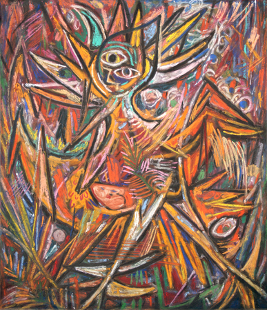 Ren Portocarrero <br>
Winged Figure in the Bush</br> 
(<i>Figura Alada en el Monte</i>), 1947<br>
mixed media on heavy paper laid down on board</br>
 24  x 21  inches<br></br>


<i>Provenance:</i><br>
The Estate of Joshua and Nedda Logan, New York, New York.
Joshua Logan (1908-1988) was an actor,<br> director and writer. He was active in Broadway productions such as Annie Get Your Gun, South Pacific,<br> Mister Roberts and others. He was awarded the Pulitzer Prize for Drama for co-writing South Pacific in 1950.<br><br>
Illustrated in <i>Important Cuban Artworks, Volume Fifteen, Cernuda</i> Arte,<br>
Coral Gables, Florida, November 2017, pg. 56.