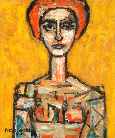 Ren Portocarrero<br> Woman in Yellow Background<br> (<i>Mujer en Fondo Amarillo</i>), 1960<br>
oil on canvas laid down on Masonite<br> 23 x 19  inches<br><br>
Illustrated in <i>Important Cuban Artworks, Volume Fifteen, Cernuda</i> Arte,<br>
Coral Gables, Florida, November 2017, pg. 59.