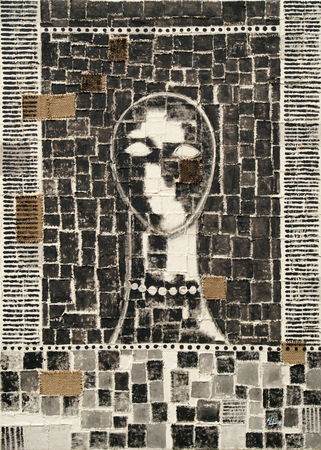 Juan Roberto Diago<br>
Untitled [Quiet Power]<br>
(<i>Sin Ttulo</i> [<i>Poder Pasivo</i>]), 2016<br>
mixed media and collage on canvas<br>
49 x 35  inches<br><br>
Illustrated in <i>Important Cuban Artworks, Volume Fifteen, Cernuda</i> Arte,<br>
Coral Gables, Florida, November 2017, pg. 139.