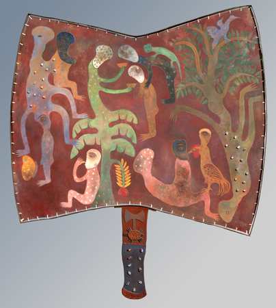 Manuel Mendive<br> Axe<br> (<i>Hacha</i>), 2010<br> mixed media canvas in artist-made iron frame<br> 76  x 67  inches<br><br>
Illustrated in <i>Important Cuban Artworks, Volume Fifteen, Cernuda</i> Arte,<br>
Coral Gables, Florida, November 2017, pg. 135.