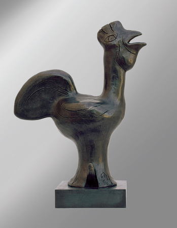 Mariano Rodriguez<br>  Rooster<br> (<i>Gallo</i>), 1987<br> bronze, 6 of 6<br> 15 1/4 x 11 x 5 3/4 inches<br><br>
Exhibited in <i>Mariano, La Fiesta del Amor</i>, Fondo Cubano de Bienes Culturales,<br> Havana, Cuba, May 1987.<br>
Illustrated (the terracotta model for this sculpture) in the corresponding<br> exhibition catalog, number 50.<br>
Exhibited in <i>Mariano, Arco, 2005</i>, Arco Art Fair, Madrid, Spain, February 2005,<br>
and illustrated (different number) and listed in the corresponding<br> exhibition brochure, number 10.<br><br>
Illustrated in <i>Important Cuban Artworks, Volume Fifteen, Cernuda</i> Arte,<br>
Coral Gables, Florida, November 2017, pg. 76.