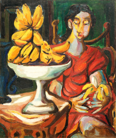 Mariano Rodrguez<br> Woman with Fruits<br> (<i>Mujer con Frutas</i>), 1943<br> oil on canvas<br> 24 1/2 x 20 1/8 inches<br><br>
<i>Provenance</i>:<br> Sonia Bez Collection, Havana, Cuba;<br> Private Collection, Santo Domingo, Dominican Republic.<br><br>
Exhibited in <i>Mariano, Una Energa Voluptuosa</i>, Casa de las Amricas,<br> Havana, Cuba, and listed in the corresponding catalog, no. 34.<br>
Exhibited in <i>Subasta Habana</i>, Havana, Cuba, 2005,<br> and illustrated in the corresponding auction catalog, pages 51 & 52.<br><br>
Illustrated in the book, <i>Mariano, Tema, Discurso y Humanidad</i>, Dannys Montes de Oca,<br>Escandn Impresores, Seville, Spain, 2004, page 129.<br>
Illustrated in <i>Mariano, Catlogo Razonado, Pintura y Dibujo 1936-1949, Volumen I</i>,<br> Segunda Edicin, Seville, Spain, 2008, page 130, no. 43.13.<br><br>
Inventoried in the Musuem of Modern Art (MoMA), New York, under code 44.505, loan no. 6.
