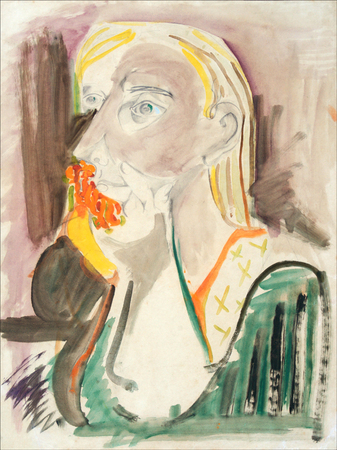 Mariano Rodrguez<br> Woman with Flowers in Her Hand<br> (<i>Mujer con Flores en la Mano</i>), ca. 1943<br>
mixed media on paper laid down on masonite<br> 19  x 14  inches<br><br>
<i>Provenance</i>:<br> The Estate of Mariano Rodrguez.<br>
This painting is accompanied by a photo-certificate of authenticity<br> signed by Dolores and Alejandro Rodrguez,<br>
daughter and son of the artist.<br><br>
Illustrated in <i>Mariano, Catlogo Razonado, Volume I</i>, 2nd Edition,<br> page 155, no. 43.103.<br><br>
Illustrated in <i>Important Cuban Artworks, Volume Fifteen, Cernuda</i> Arte,<br>
Coral Gables, Florida, November 2017, pg. 64.