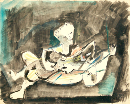 Mariano Rodrguez<br> Couple<br> (<i>Pareja</i>), ca. 1948<br>
mixed media on heavy paper, double sided<br> 10  x 13  inches<br><br>
<i>Provenance</i>:<br> The Estate of Mariano Rodrguez.<br>
Illustrated in <i>Mariano, Catlogo Razonado, Volume I</i>, 2nd Edition,<br> page 227, no. 48.01 and 48.02.<br><br>
Illustrated in <i>Important Cuban Artworks, Volume Fifteen, Cernuda</i> Arte,<br>
Coral Gables, Florida, November 2017, pg. 72.