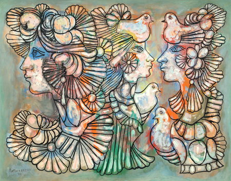 Ren Portocarrero <br> Women with Doves<br> (<i>Mujeres con Palomas</i>), 1974<br>
mixed media on heavy paper laid down on board<br> 23 x 29 inches<br>
This painting was exhibited at Christies East, New York, November 23, 1999, lot 77,<br>
and it is illustrated in the corresponding auction catalog.<br><br>
<i>Provenance:</i><br> Private Collection, Miami, Florida.<br><br>
Illustrated in <i>Important Cuban Artworks, Volume Fifteen, Cernuda</i> Arte,<br>
Coral Gables, Florida, November 2017, pg. 177.