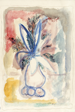 Ren Portocarrero<br>
Flower Vase<br> (<i>Florero</i>), 1942<br> mixed media on heavy paper laid down on board<br>
14 x 9 1/2 inches<br><br>
<i>Provenance</i>:<br>
This artwork was part of the Odette Lavergne Collection,
Paris, France.<br> It is illustrated in the Besch Commissaire- Priseur
exhibition catalogue<br> of the Mme. Odette Lavergne Collection,
Cannes, France,<br> November 1, 2009, page 58.<br><br>
Illustrated in <i>Important Cuban Artworks, Volume Fifteen, Cernuda</i> Arte,<br>
Coral Gables, Florida, November 2017, pg. 55.