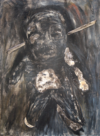 Antonia Eiriz<br>
In Agony<br> (<i>En Agona</i>), ca. 1965<br>
oil on metal laid down on wood<br>
18  x 13  inches<br><br>
This painting is accompanied by a
photo-certificate of authenticity<br> signed by
Pablo Vidal Eiriz, son of the artist.<br><br>
Illustrated in <i>Important Cuban Artworks, Volume Fifteen, Cernuda</i> Arte,<br>
Coral Gables, Florida, November 2017, pg. 90.