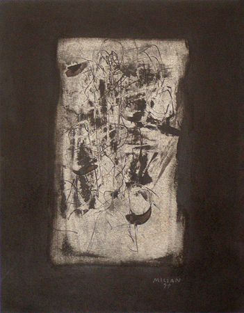 Ral Milin <br>
Traces<br> (<i>Indicios</i>), 1977<br>
mixed media on heavy paper laid down on board<br>
15  x 11  inches<br><br>
Illustrated in <i>Important Cuban Artworks, Volume Fifteen, Cernuda</i> Arte,<br>
Coral Gables, Florida, November 2017, pg. 86.

