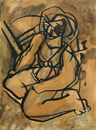 Roberto Diago Querol <br>
Seated Woman<br> (<i>Mujer Sentada</i>), 1944<br>
mixed media on heavy paper laid down on board<br>
14  x 11 inches<br><br>
<i>Provenance</i>:<br> Edouard Mathon, who acquired itdirectly from the artist in 1947 during<br>
Roberto Diagos exhibition at the Centre dArt,
in Port-au-Prince, Haiti.<br><br>
Illustrated in <i>Important Cuban Artworks, Volume Fifteen, Cernuda</i> Arte,<br>
Coral Gables, Florida, November 2017, pg. 46.