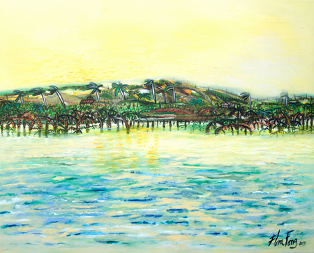 Flora Fong<br>
Mariel Seaside<br> 
(<i>Mares del Mariel</i>), 2013<br>
oil on canvas<br>
67 1/2 x 84 1/2 inches